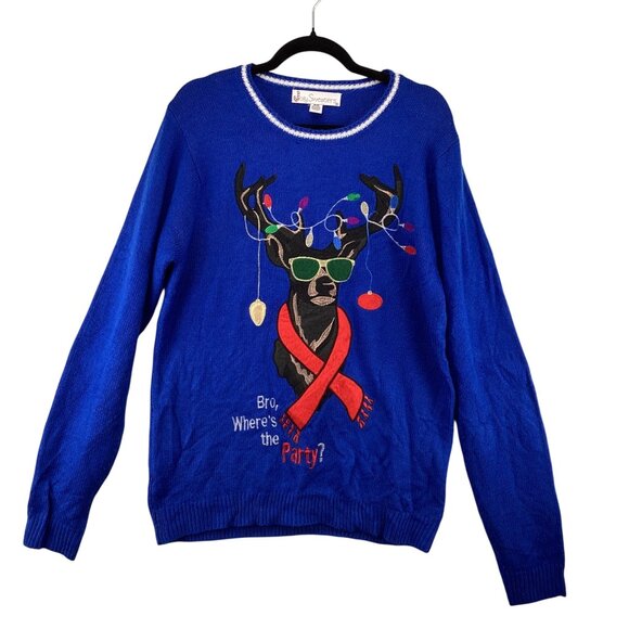Jolly Sweaters Mens Christmas Sweater Size Medium‎ Blue Reindeer Lights Festive - Picture 4 of 8